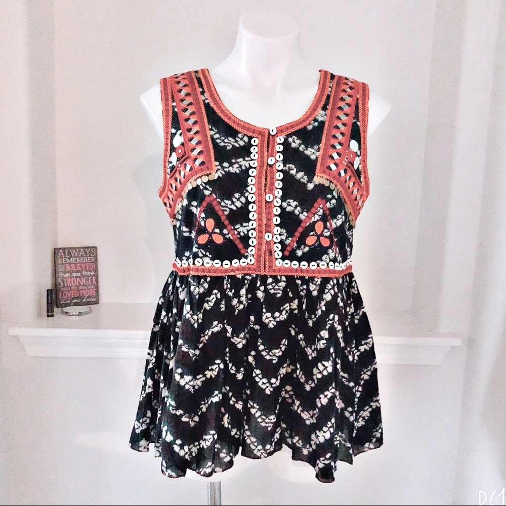 Indigo Moon Embroidered Coin Tie Dye Tribal Peplum Top, Nwt